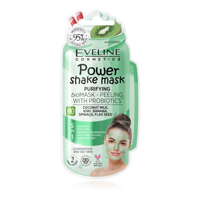 Bioмаска-пилинг для лица Eveline Power Shake Mask, очищающая с пробиотиками, 10 мл - Фото 1