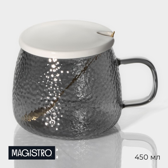 Кружка стеклянная с крышкой и ложкой Magistro «Диамант», 450 мл, цвет серый