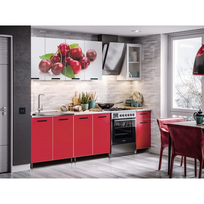 Кухонный гарнитур «Рио 1», 2000 мм, ЛДСП, цвет красный / фотопечать «Вишня»