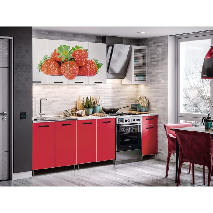 Кухонный гарнитур «Рио 1», 2000 мм, ЛДСП, цвет красный / фотопечать «Клубника»