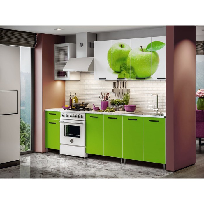 Кухонный гарнитур «Рио 1», 2000 мм, ЛДСП, цвет олива / фотопечать «Яблоко»