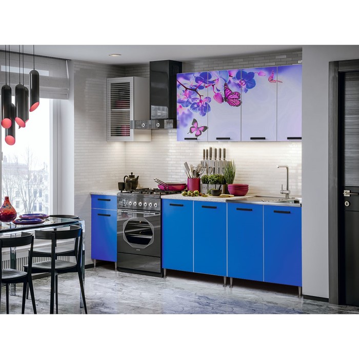 Кухонный гарнитур «Рио 1», 2000 мм, ЛДСП, цвет синий / фотопечать «Бабочки»