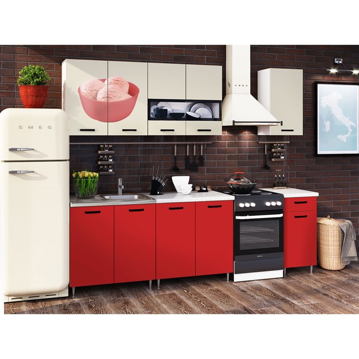 Кухонный гарнитур «Рио 2», 2000 мм, ЛДСП, цвет красный / бежевый / фотопечать «Мороженое»