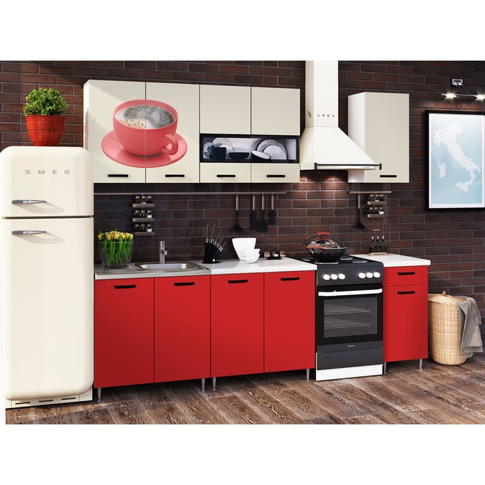 Кухонный гарнитур «Рио 2», 2000 мм, ЛДСП, цвет красный / бежевый / фотопечать «Чашка»