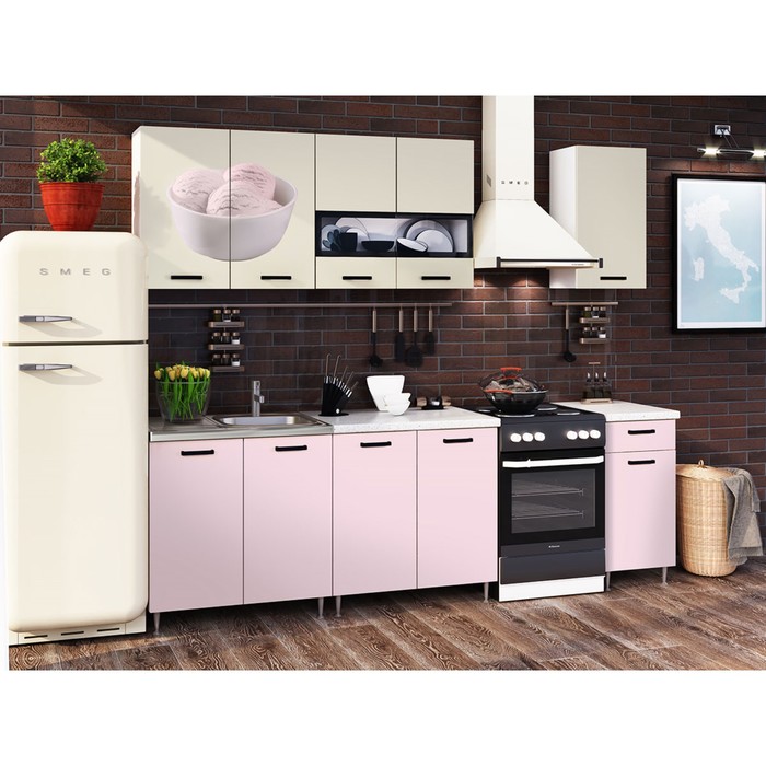 Кухонный гарнитур «Рио 2», 2000 мм, ЛДСП, цвет розовый / бежевый / фотопечать «Мороженое»
