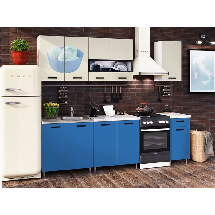 Кухонный гарнитур «Рио 2», 2000 мм, ЛДСП, цвет синий / бежевый / фотопечать «Мороженое»