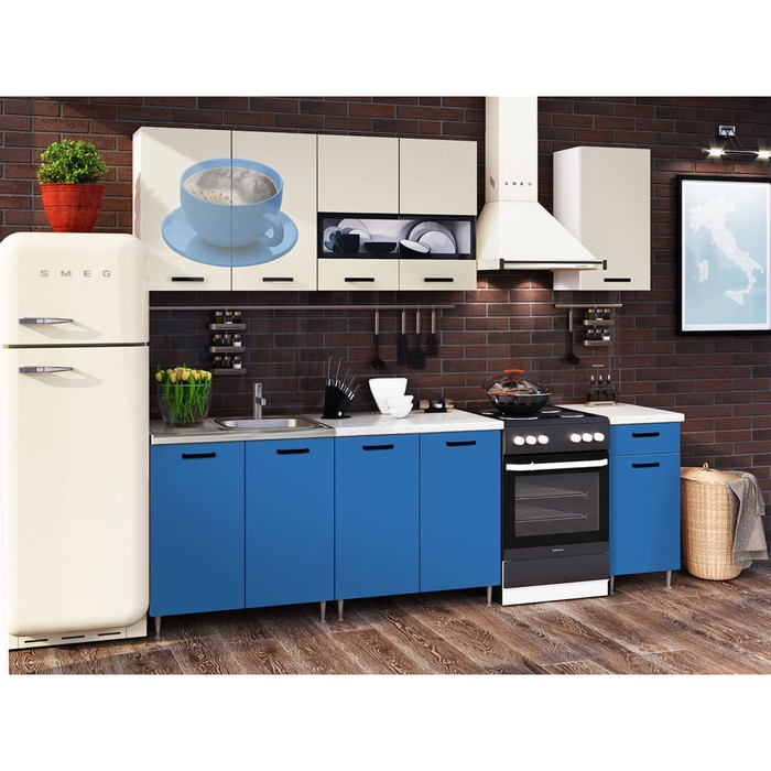 Кухонный гарнитур «Рио 2», 2000 мм, ЛДСП, цвет синий / бежевый / фотопечать «Чашка»