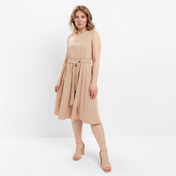 Платье миди женское с поясом MINAKU: Casual collection, бежевое, размер 48