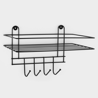 Полка для ванной прямая, 4 крючка, 33×12.5×21 см, чёрная