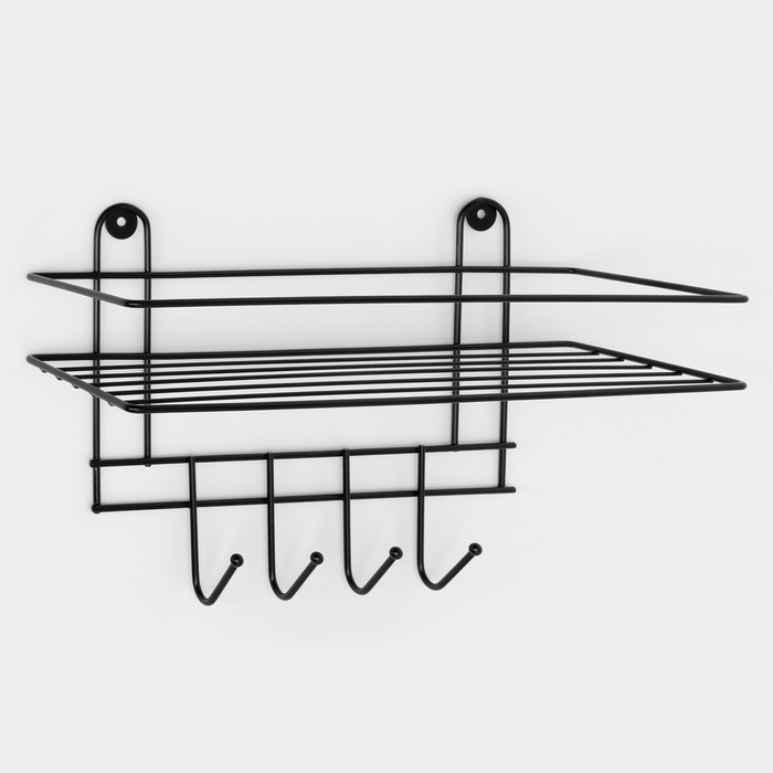 Полка для ванной прямая, 4 крючка, 33×12.5×21 см, чёрная - Фото 1