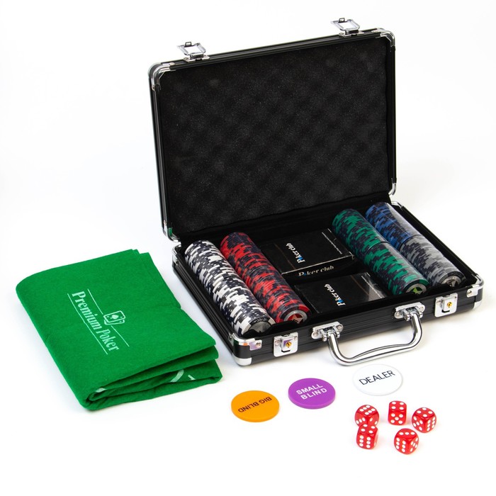 Покер в кейсе (200 фишек, 5 кубиков, 2 колоды карт), с номиналом, вес фишки 13 г, 41 x 35 см