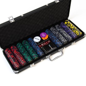 Покер в кейсе (500 фишек, 5 кубиков, 2 колоды карт), с номиналом, вес фишки 13 г, 62 x 20 см