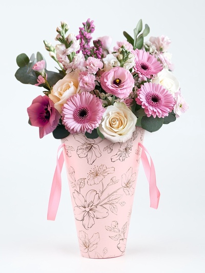 Пакет для цветов конусный круглый складной на лентах «Цветы», 15 х 23.3 х 7.5 см