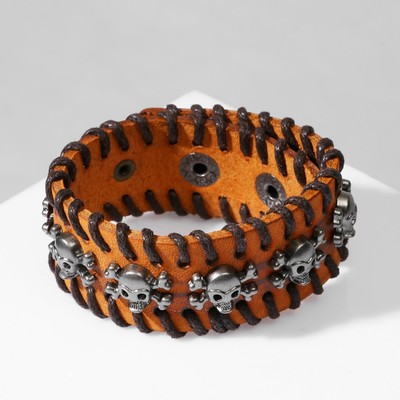 Браслет кожаный «Череп» с костями, коричневый с серебром, 20 см