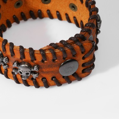 Браслет кожаный «Череп» с костями, коричневый с серебром, 20 см