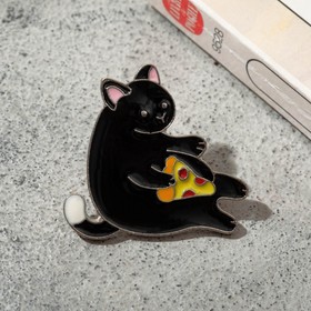 Значок "Кот" с пиццей, цветной в серебре