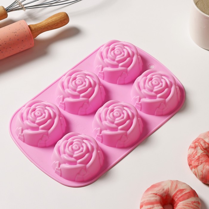 Форма силиконовая для выпечки «Цветы.Роза», 6 ячеек, 24,5×16×3 см, d=7 см, цвет розовый - Фото 1