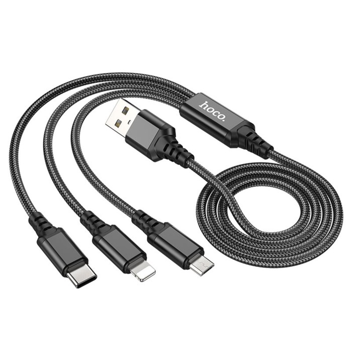 Кабель Hoco BX76, 3 в 1, microUSB/Lightning/Type-C - USB, 2 А, тканевая оплётка, 1 м, чёрный - фото 51490408