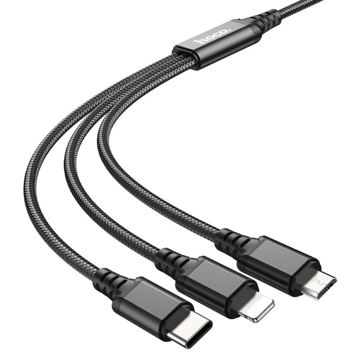 Кабель Hoco BX76, 3 в 1, microUSB/Lightning/Type-C - USB, 2 А, тканевая оплётка, 1 м, чёрный - фото 51490409