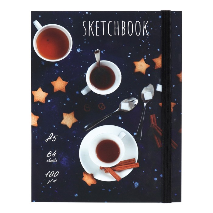 Скетчбук А5, 64 листа Tea time, твёрдая обложка, ламинация Soft-Touch, на резинке, блок крафт-бумага 100 г/м2