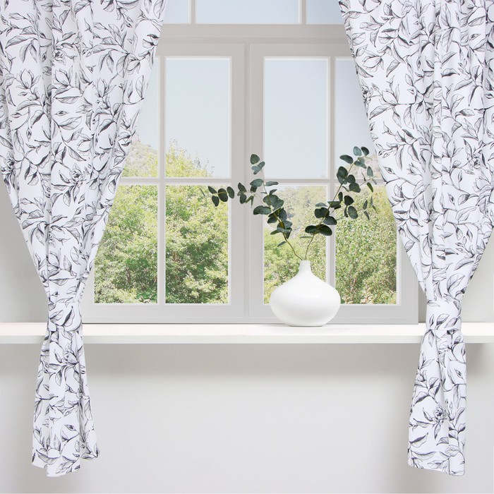 Шторы для кухни Доляна Plant leaves 146×180 см - 2 шт., подхваты - 2 шт., 100% хлопок, 164 г/м² - Фото 1