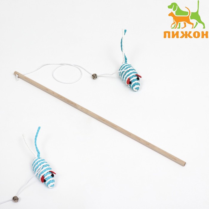 Дразнилка-удочка с мышью на деревянной ручке, голубая/белая - Фото 1