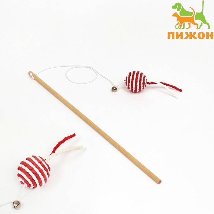 Дразнилка-удочка с шариком на деревянной ручке, бордовая/белая - Фото 1