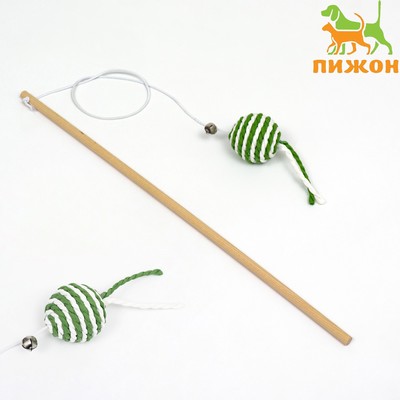 Дразнилка-удочка для кошек, с шариком на деревянной ручке, зелёная, белая