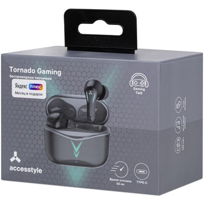 Наушники Accesstyle Tornado Gaming TWS, игровые, до 6 часов, BT 5.1, отклик 50 мс, черные