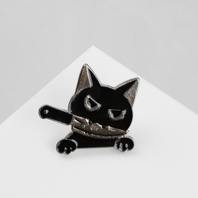 Значок 'Кот' охотник, с ухмылкой, цвет чёрный в серебре