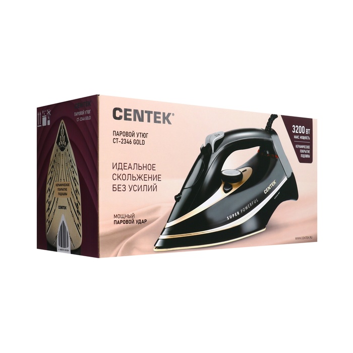 Утюг Centek CT-2346, 3000 Вт, керамика, 380 мл, капля-стоп, пар. удар, серо-золотистый - фото 51582830