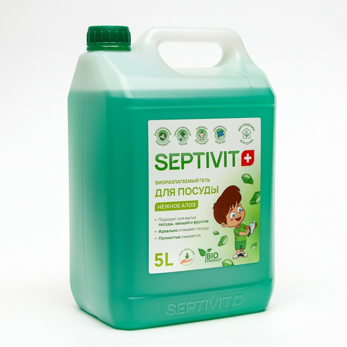 Средство для мытья посуды, овощей и фруктов SEPTIVIT, биоразлагаемый гель, зеленое яблоко, 5 л - Фото 1