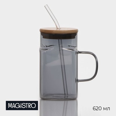 Банка Magistro «Эко», 620 мл, ручка, трубочка, с бамбуковой крышкой, стекло, прозрачная, чёрная
