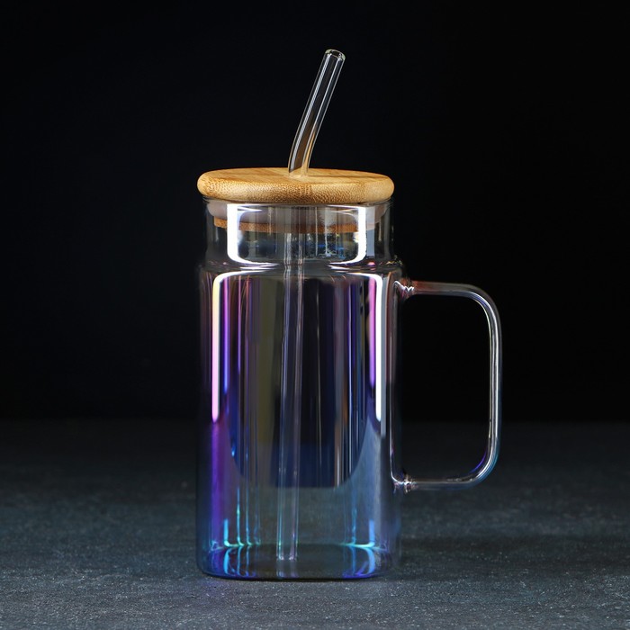 Банка стеклянная с ручкой, крышкой и трубочкой Magistro «Эко», 620 мл, цвет перламутровый - Фото 1