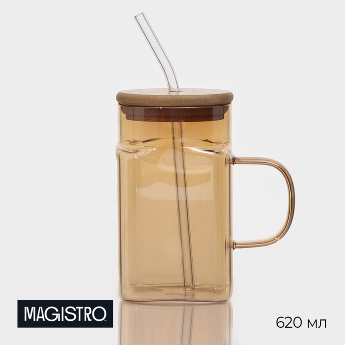 Банка Magistro «Эко», 620 мл, ручка, трубочка, с бамбуковой крышкой, стекло, прозрачная, золотая - Фото 1