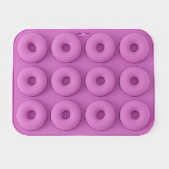 Форма для выпечки Доляна «Сладости.Пончик», силикон, 33×25×2 см, 12 ячеек, d=6,8 см, цвет МИКС