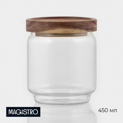 Сахарница Magistro Village, 450 мл, 9×10 см, с крышкой, стекло, акация, прозрачная