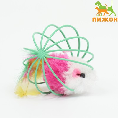 Игрушка "Мышь в шаре с перьями", 6 см, зелёный шар