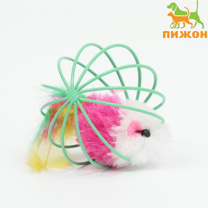Игрушка "Мышь в шаре с перьями", 6 см, зелёный шар - Фото 1