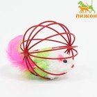 Игрушка "Мышь в шаре с перьями", 6 см, красный шар - фото 319200203