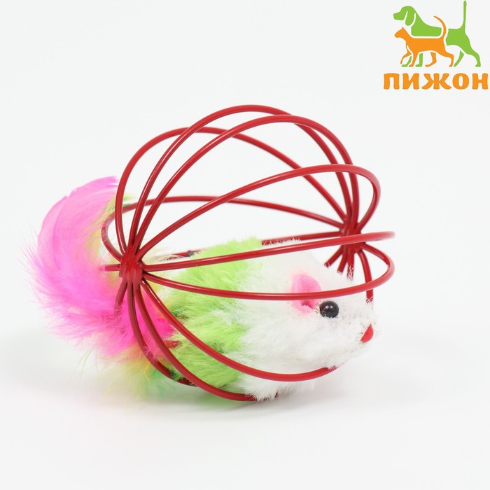 Игрушка "Мышь в шаре с перьями", 6 см, красный шар - Фото 1