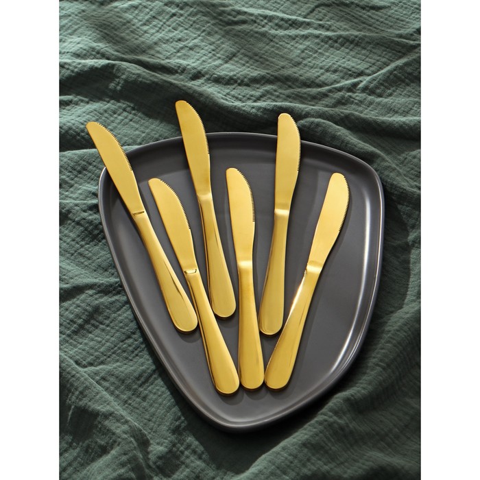 Ножи столовые из нержавеющей стали Доляна «Голд», длина 22 см, 6 шт, цвет золотой - фото 1909063087