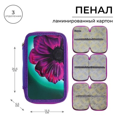 Пенал школьный, 3 секции, 12.5×20.5×5.5 см «Цветок»
