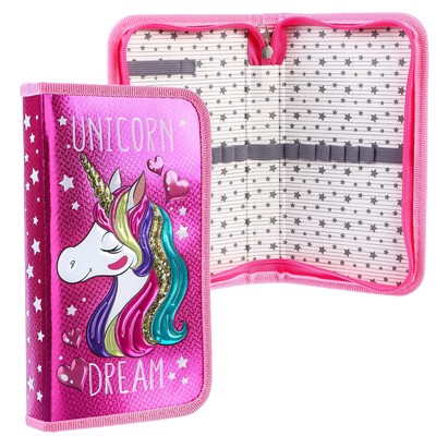 Пенал каркасный с эффектом металлик, 1 секция, 115х205х30 мм, ламинированный картон, Минни Маус и единорог