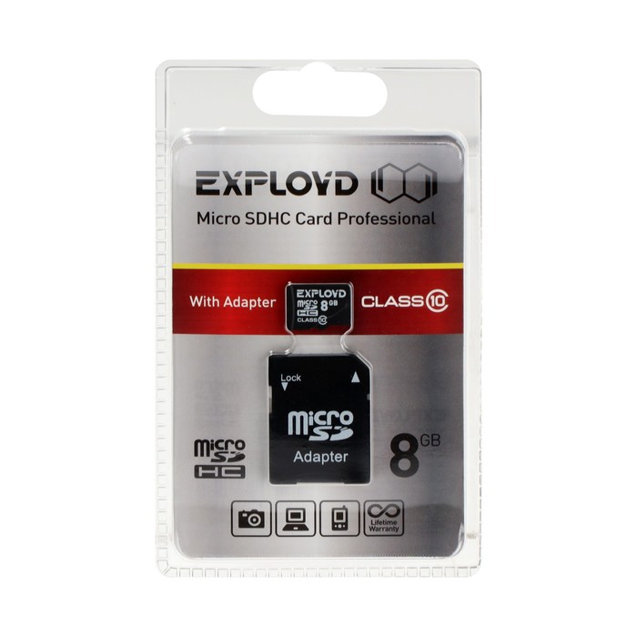 Карта памяти Exployd MicroSD, 8 Гб, SDHC, класс 10, с адаптером SD - Фото 1