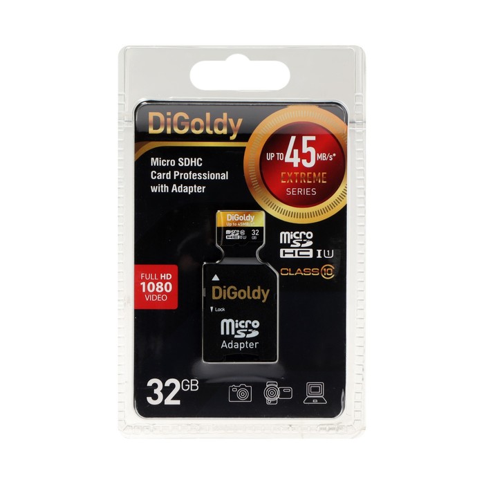 Карта памяти Digoldy MicroSD, 32 Гб, SDHC, UHS-1, класс 10, 45 Мб/с, с адаптером SD