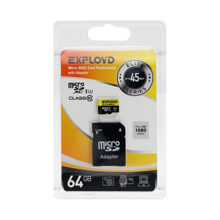 Карта памяти Exployd MicroSD, 64 Гб, SDHC, UHS-1, класс 10, 45 Мб/с, с адаптером SD