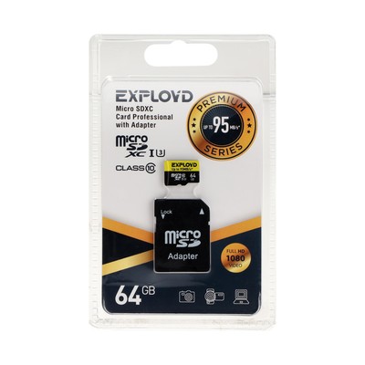 Карта памяти Exployd MicroSD, 64 Гб, SDHC, UHS-1, класс 10, 95 Мб/с, с адаптером SD