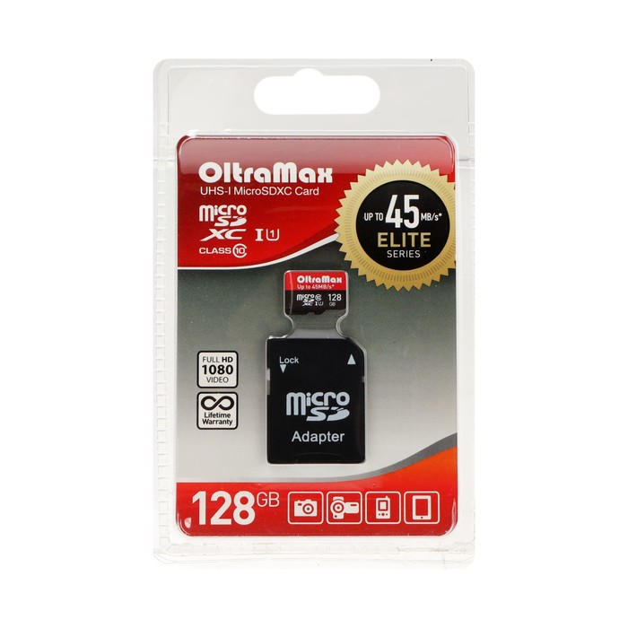 Карта памяти OltraMax MicroSD, 128 Гб, SDHC, UHS-1, класс 10, 45 Мб/с, с адаптером SD - Фото 1