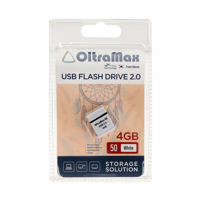 Флешка OltraMax 50, 4 Гб, USB2.0, чт до 15 Мб/с, зап до 8 Мб/с, белая - фото 51307192